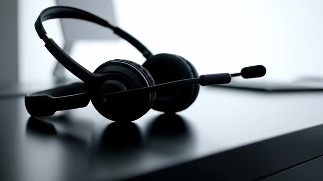 Black headset with microphone on a dark desk in a bright office setting 4k video