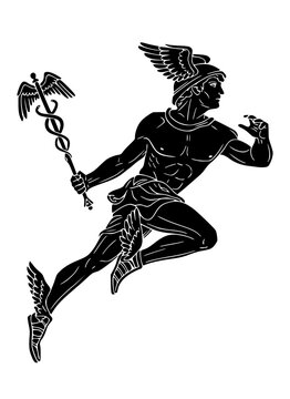 Stylized black silhouette of Hermes, the Greek messenger god, in a dynamic running pose. Features his iconic winged helmet, winged sandals, and the caduceus staff.