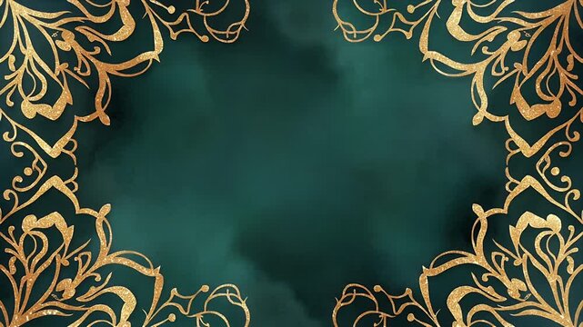 Elegant dark teal background with golden flowing decorative patterns creating a luxurious and sophisticated frame