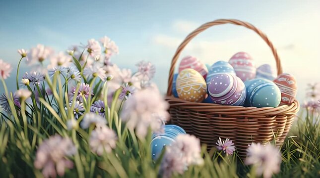 Easter Basket with Colorful Patterned Eggs on Spring Grass