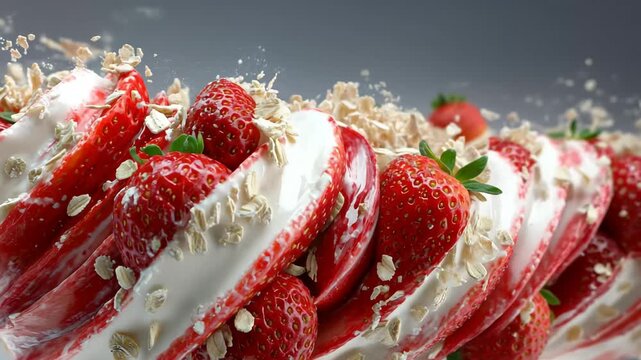Ice cream cone topped with fresh strawberries and a swirl of whipped cream.