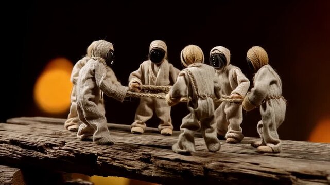 Miniature Figures Pulling Rope on a Wooden Surface with Bokeh Background