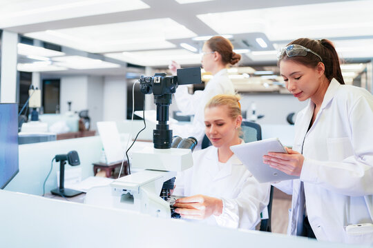 Diverse team of female scientists working in busy digital pathology lab. Researchers analyzing histology slides using microscope, tablet, and visual inspection for medical diagnosis.