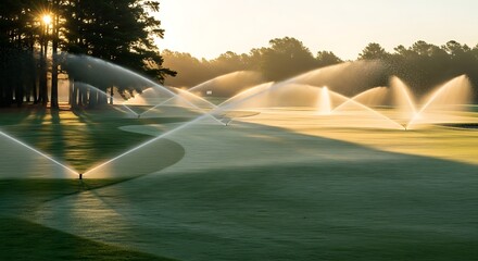 Obraz premium Golf Course Irrigation System Sprinklers Watering Green Grass at Sunrise.