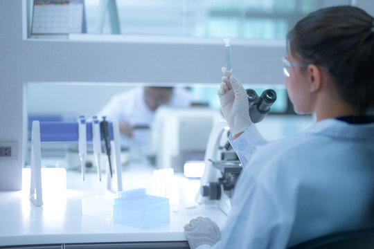 Focused female scientist holding a test tube to check the clear liquid sample in a modern sterile laboratory. Professional researcher analyzing chemical data for medical vaccine development.