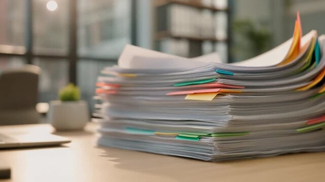 Stack of Overload Paperwork and Files on Desk for Business or Education