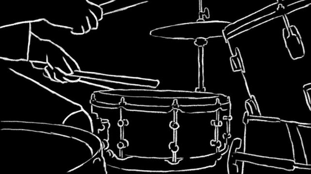 rotoscope animation of drummer playing beat on drum kit, right hand on hihat. white scribble sketch doodle chalk line style on black background. landscape 16:9. looped. side view