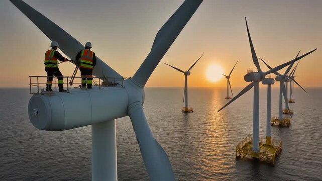 Offshore wind farm technicians maintaining turbine at sunset, renewable energy production