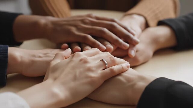 Several people putting their hands together in a supportive gesture on a table 4k video