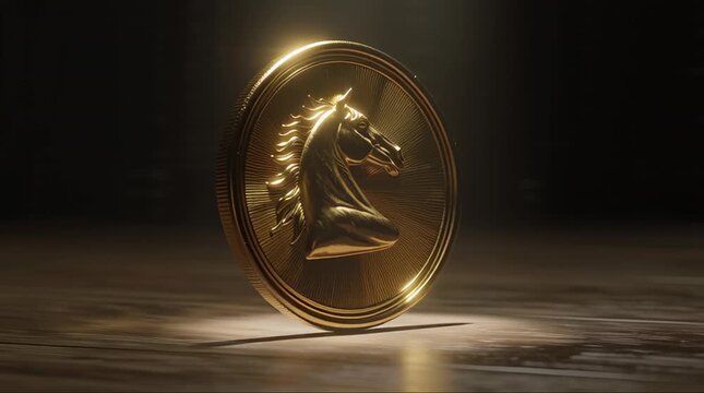 Golden Chess Knight Coin Spinning on Wooden Surface with Dramatic Lighting.