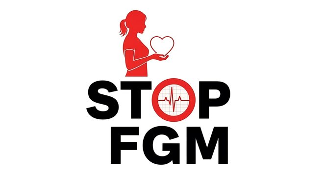 Graphic design advocacy campaign urging people everywhere to stop female genital mutilation protecting women's health and promoting human rights awareness globally.
