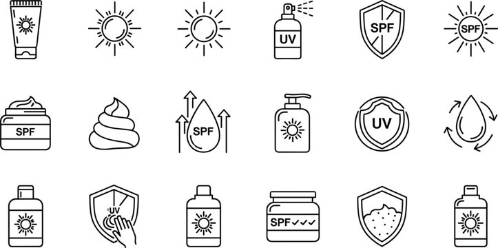 Sunscreen and UV protection line icon set featuring SPF cream bottles, sun block spray, skin care lotion, solar safety symbols, and dermatology.