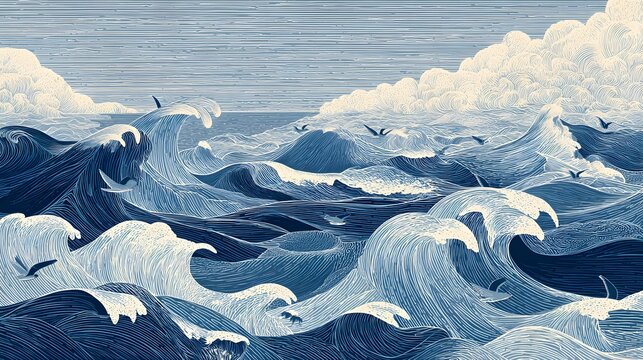 A dramatic ocean scene with large waves and seagulls in flight, set against a serene blue sky.