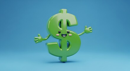 Obraz premium Vibrant 3D illustration of a joyful green dollar sign character with an inviting gesture, embodying the concept of financial prosperity, savings, and accessible wealth