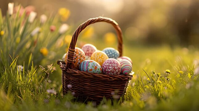 Easter Wicker Basket on Grassy Field in Spring Atmosphere