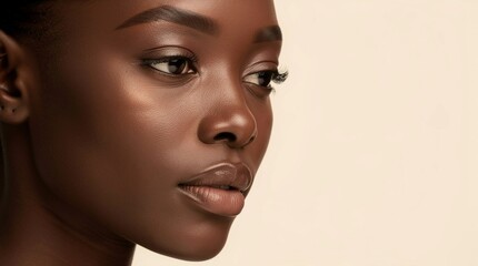 Close-up of elegant black woman's face on isolated cream background.