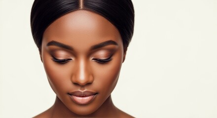 Close-up of elegant black woman's face on isolated cream background.