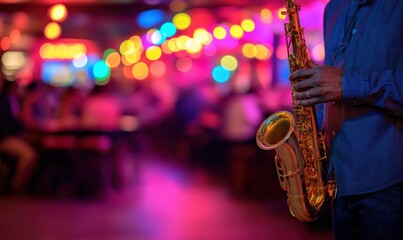 Obraz premium Golden saxophone held by musician in nightclub with bokeh lights for live music events and jazz concerts entertainment industry and performance arts