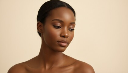 Close-up of elegant black woman's face on isolated cream background.
