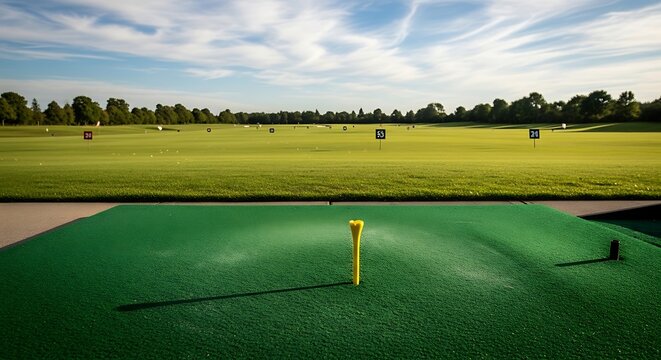 Golf driving range with green grass and tee marker under a cloudy sky.