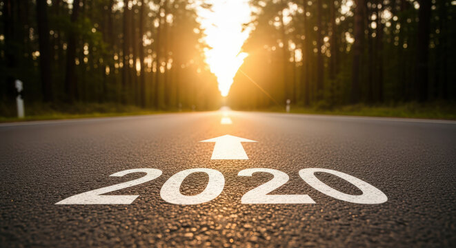 2020 Vision Road To Future Goal Perspective Year Arrow Sunlight Trees Forest Motivation Direction Target Straight