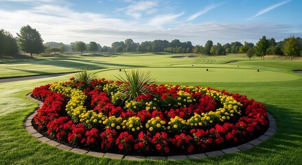 Obraz premium Beautiful Golf Course Landscape with Vibrant Flower Bed in Foreground.