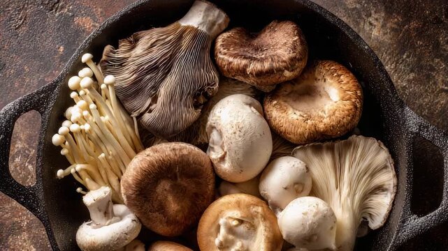 Various Raw Gourmet Mushroom Varieties on a Rustic Dark Background