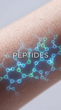 Close-up of human skin with a digital illustration of peptide molecules highlighting their role in the biohacking trend for longevity and health. Image made using Generative AI.
