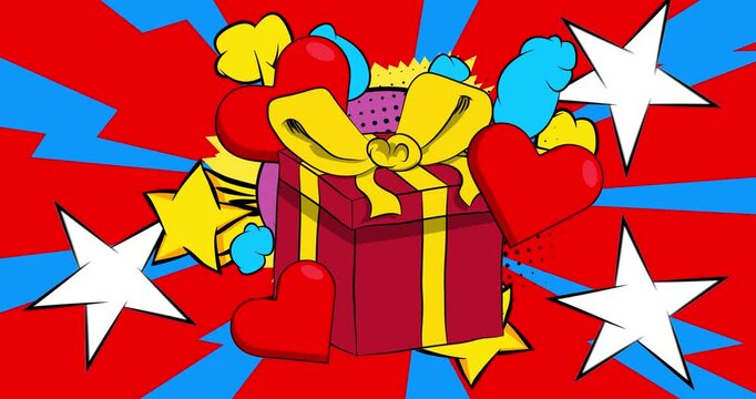 Cartoon Heart and gift box, comic book Valentine's Day video. Retro comics pop art design animation.