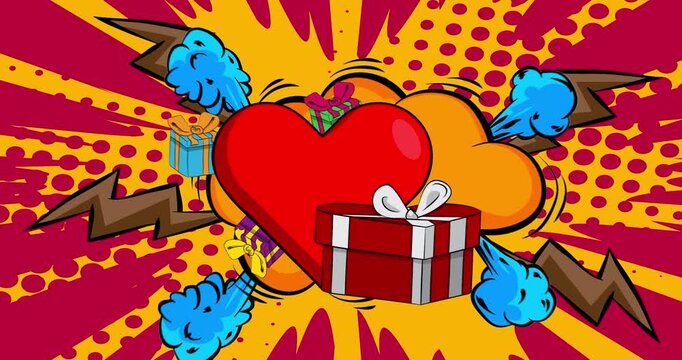 Cartoon Heart and gift box, comic book Valentine's Day video. Retro comics pop art design animation.