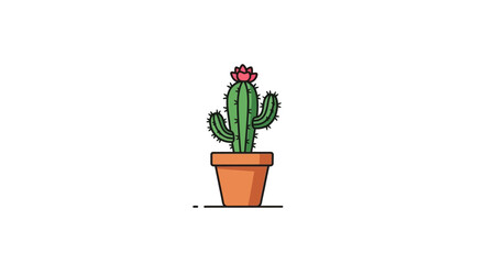 Cute cartoon cactus in a brown pot with a vibrant red flower blooming, on an isolated white background.