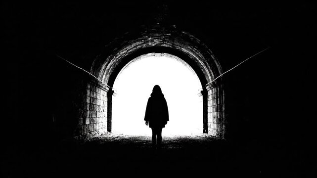 A solitary figure stands silhouetted against a brilliant white light at the end of a dark, ancient tunnel, symbolizing a journey towards hope, breakthrough, or an unknown future path