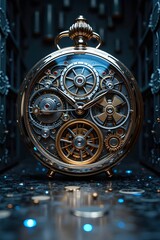 AI Generative. Intricate Mechanical Clockwork Mechanism with Golden and Blue Gears. 1