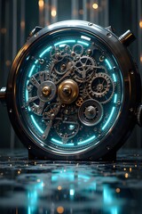 AI Generative. Intricate Mechanical Clockwork Mechanism with Golden and Blue Gears. 2
