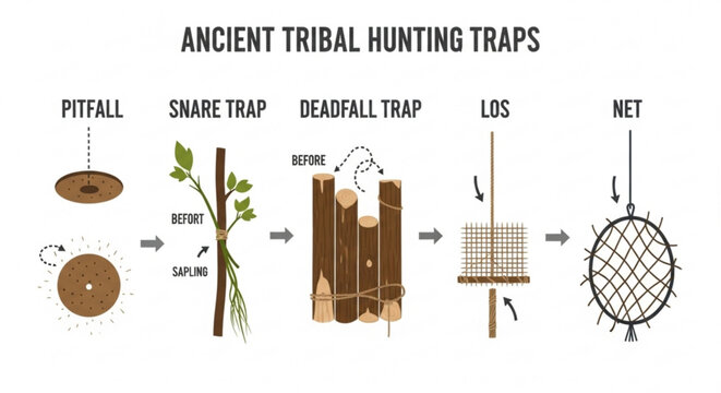 Ancient tribal hunting traps pitfall snare deadfall los and net traps illustrated
