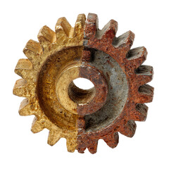 Split rusted gear, one half clean, the other rough