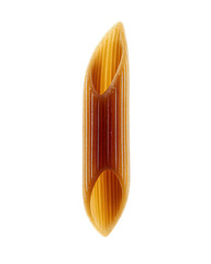Penne pasta noodle, centered, ridged texture, brown-gold