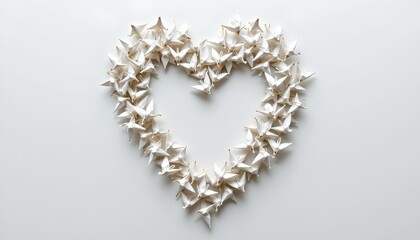 Obraz premium A white background is adorned with an arrangement of origami birds forming a large heart shape, emphasizing love or celebration.