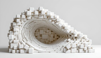 Fototapeta premium An intricate 3D sculpture composed of numerous small white blocks, resembling Lego bricks, arranged to form a complex structure with patterns and curves that create an illusion of depth