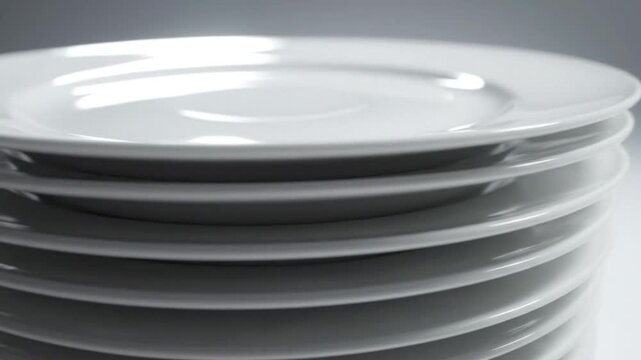 A stack of pristine white plates displaying a smooth, glossy surface with subtle reflections