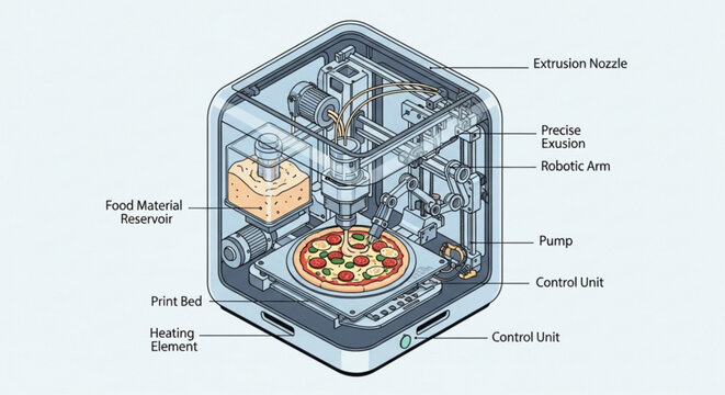 Detailed diagram of 3d food printer with labeled components and pizza