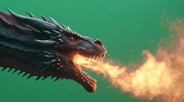 Close-up Profile of Dragon Head Breathing Fire on Green Screen