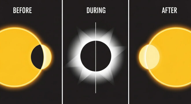Solar eclipse phases before during and after with sun and moon alignment