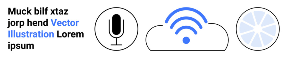 Obraz premium Voice technology, cloud services, wireless communication, podcasting, broadcasting, and connectivity. Microphone, cloud with a signal and pie chart icons. Voice technology and cloud services