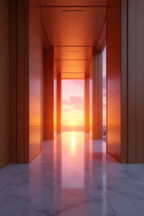 AI Generative. Modern Luxury Corridor Interior with Marble Floor and Ocean Sunset View through Large Window. 4