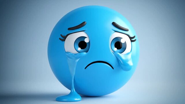 Sad blue emoticon with frowning face and sorrowful eyes