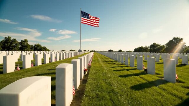 Rows of white headstones stand in a grassy field beneath a blue sky with a flag