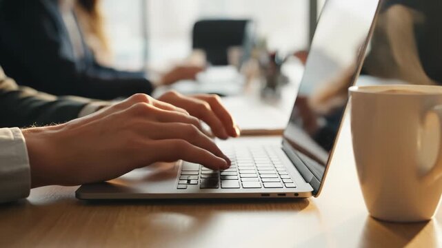 Person typing on a laptop with a cup of coffee on the desk in a bright office 4k video