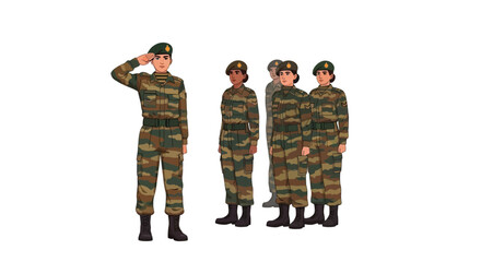 Illustration of four Indian army soldiers in camouflage uniforms standing at attention on a white background with one saluting.