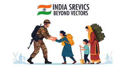 An Indian Army soldier helps a woman and children on Republic Day, with a sketch of people and the Indian flag in the background, conveying patriotism and assistance.